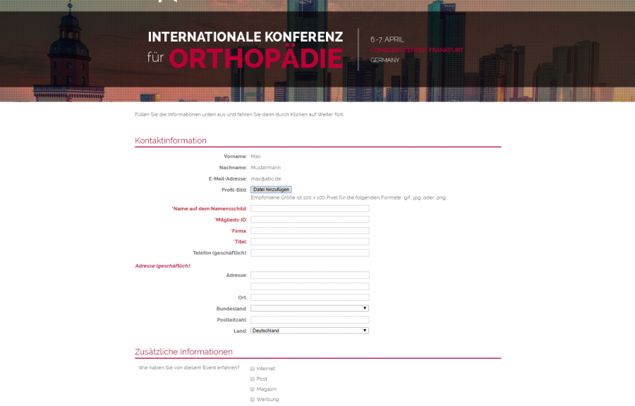 Registration page for the International Conference on Orthopedics with a cityscape background and contact information form.