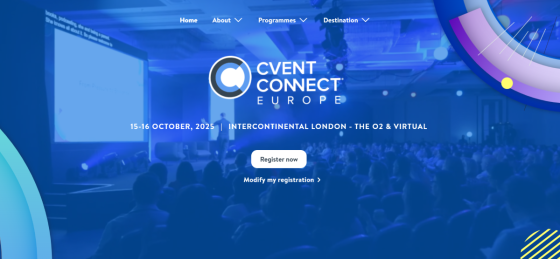 Cvent Connect Europe 2025 homepage featuring a large audience at a conference with a blue background.