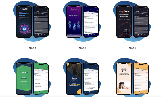 Six mobile screens showing the virtual event app with different color themes and text on each screen.