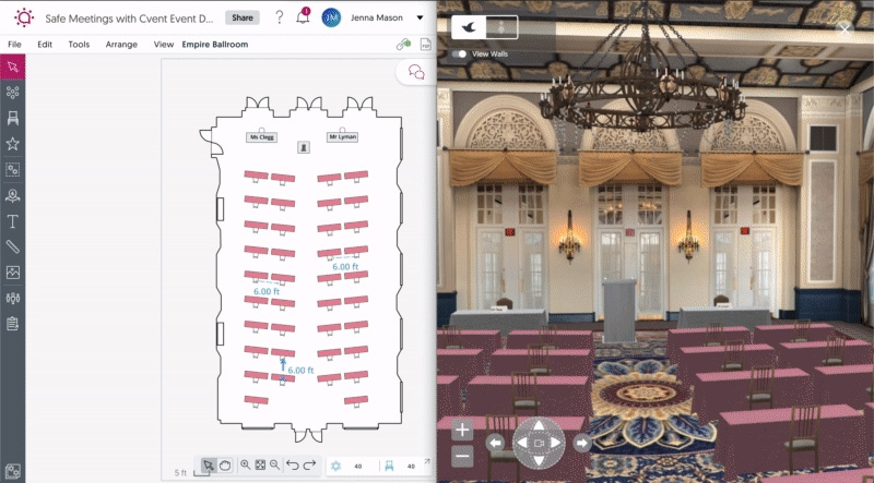 A real-time meeting is shown in a realistic view with the floor plan on the left.
