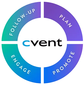 Cvent wheel logo with a blue and purple background and the word plan, promote, follow-up, and engage.