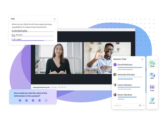 An image of a webinar with chat and poll windows open and a survey at the bottom.
