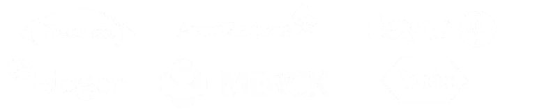 Bayer, Merck, Roche, Biogen, and Takeda logos on a black background