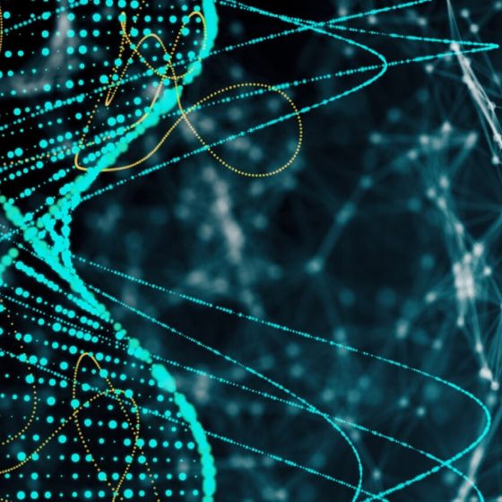 An abstract image of a DNA strand in blue and yellow with a blue and white background.