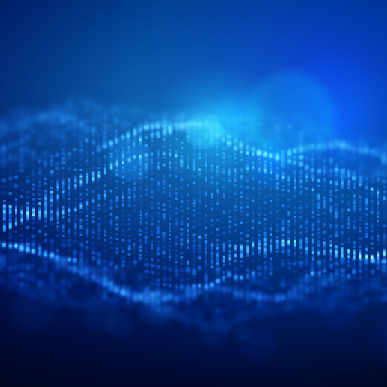 A digital blue wave with blue light on the top-right side on a blue background.