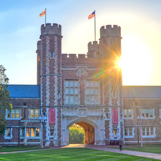 A photo of Princeton University at sunset, showcasing its architectural beauty, lush landscaping, and serene ambiance.