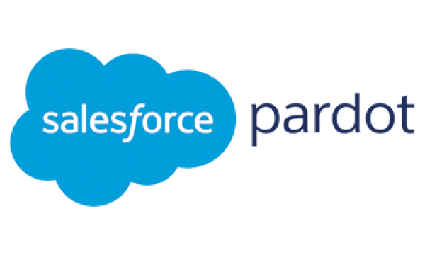Salesforce and Pardot logos on a blue cloud and a blue and white striped background.