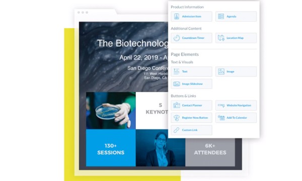 A screenshot of a website showing a conference page with text, buttons, and images.