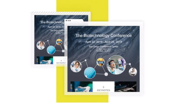 Biotechnology conference event graphic showing five keynote speakers and San Diego conference center location.