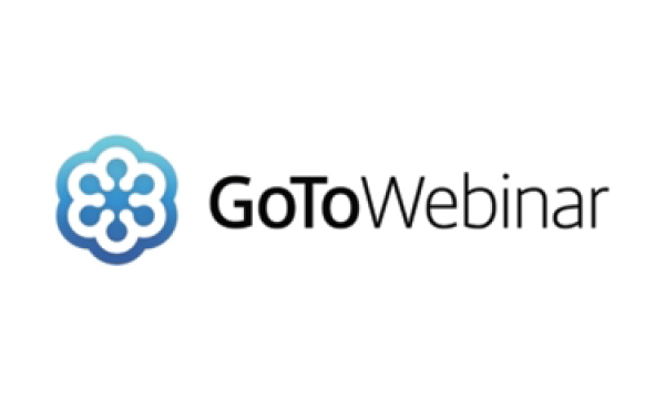 Goto webinar logo in a blue circle with a flower-like structure on a white background.