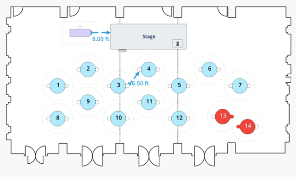 Floorplan of a theater in the round layout with a hybrid configuration.