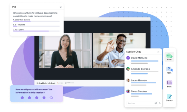 An image of a webinar with chat and poll windows open and a survey at the bottom.