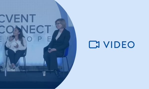 Two women on stage at a conference, the screen behind them reads "event connect".
