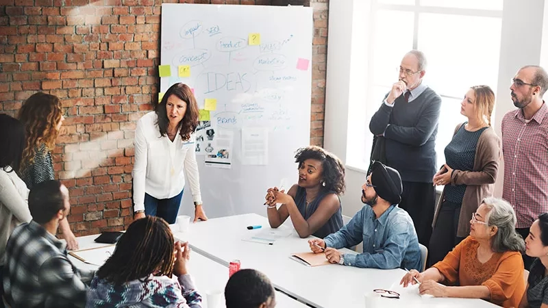 Group of people sitting around a table while a woman is standing and talking to them.