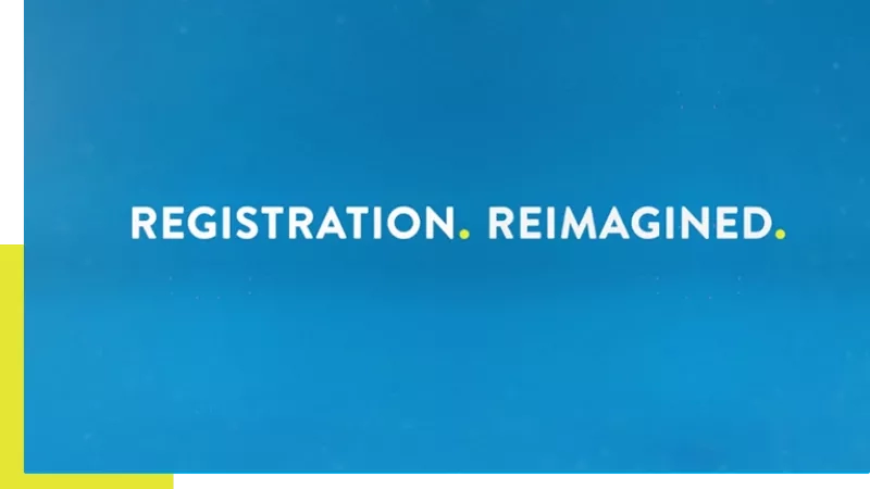 Registration reimagined on a blue background with white text on a white square in the lower left.