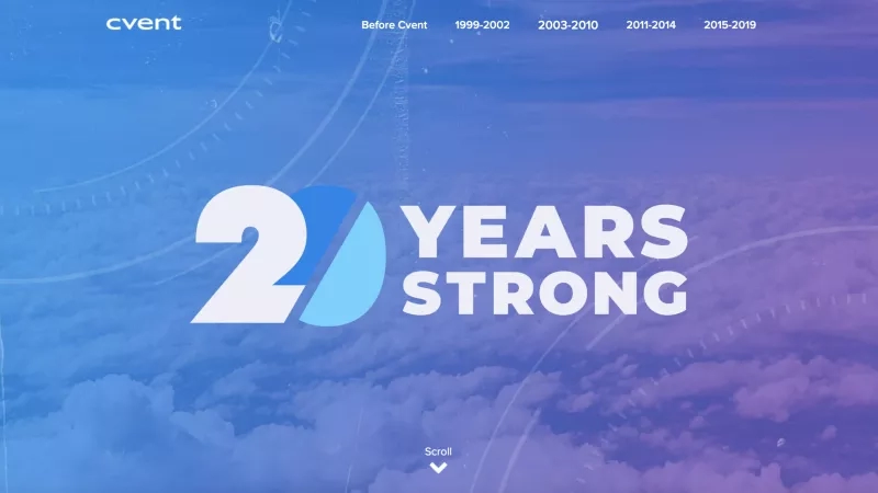Event company celebrating 20 years in business with a beautiful sky background and a 20 logo.