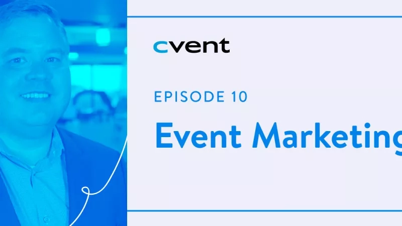 Podcast cover image with a microphone, a man, and the text "Event Marketing 101".