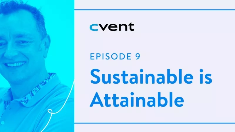 Podcast episode 9 image of a smiling man, microphone, and text saying sustainable is attainable.