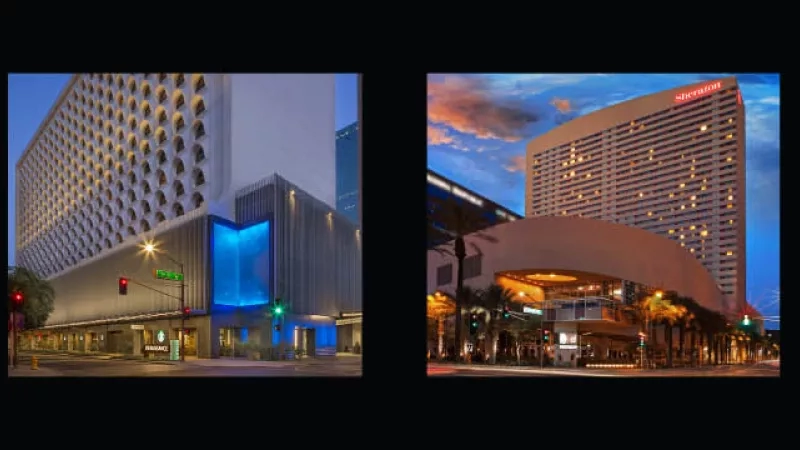 Collage of downtown Phoenix buildings with text overlay reading "Urban Phoenix, A Downtown Marriott Collection"