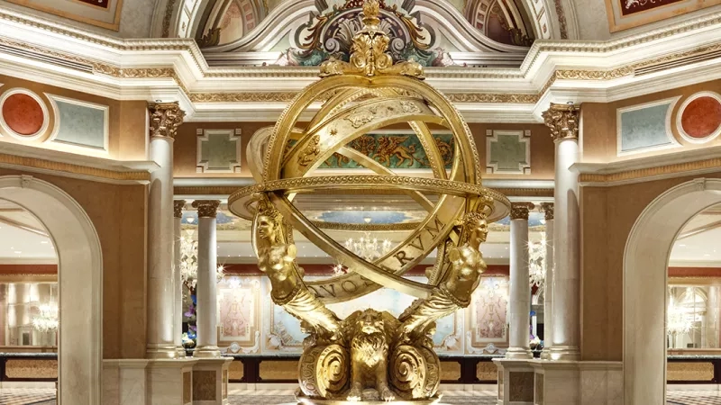 Gold armillary sphere and architectural details of Wynn Las Vegas casino, part of Wynn Resorts.