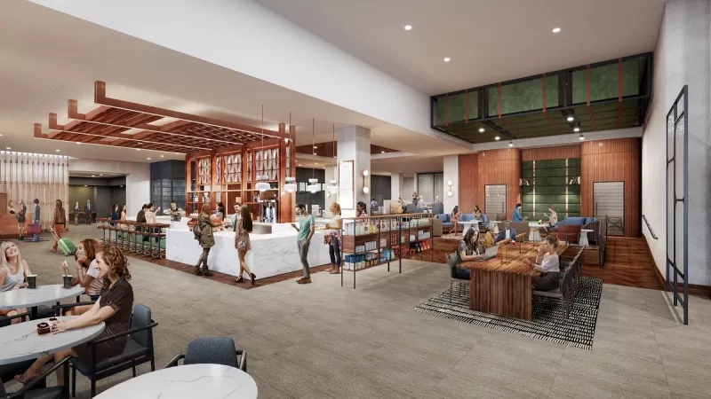 An artist rendering of the lobby of the Sheraton Denver Downtown Hotel