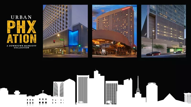 Phoenix downtown buildings and skyline with text that says Urban Phoenixation A Downtown Marriott Collection.