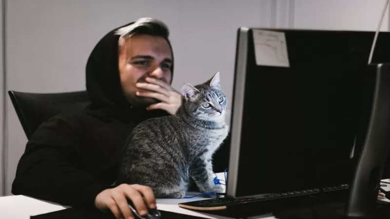 A man sitting in front of a computer with a cat on his lap.