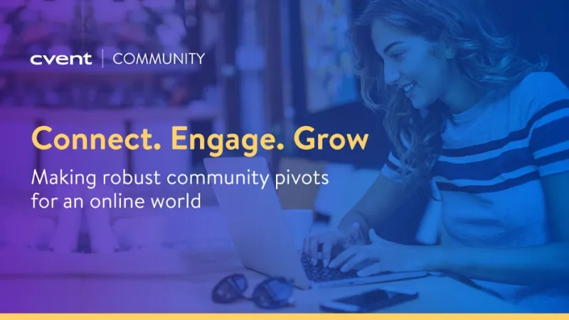 A woman working on a laptop with the text 'Connect. Engage. Grow' in front of her.