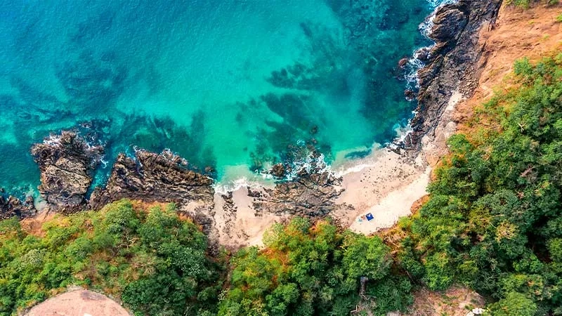 Aerial view of the shoreline with rocky cliffs, blue water, and lush greenery in the surroundings.