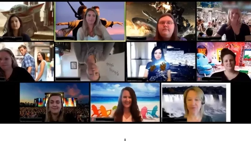 A collage of different people with various backgrounds on a video call during the coronavirus pandemic.