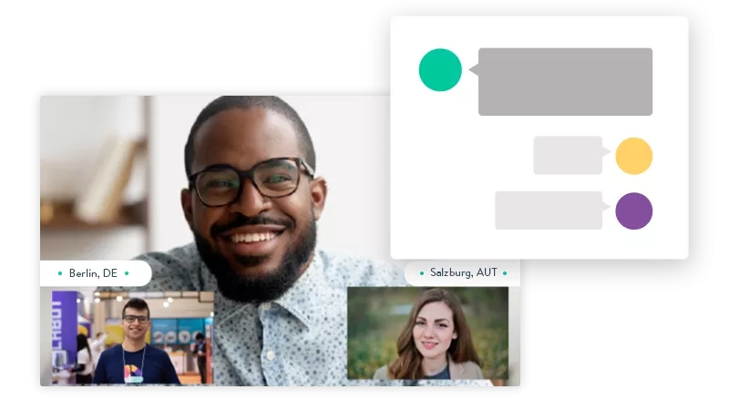 A man and woman participate in a virtual event, while a chat box is displayed.