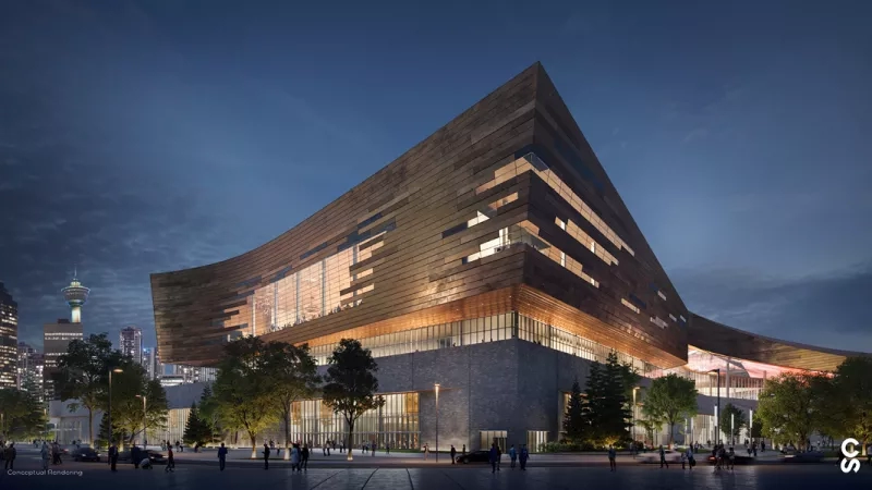 An architectural rendering of the new Toronto Public Library, showcasing its design, landscaping, and ambiance.