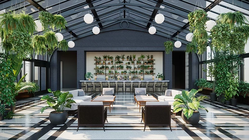A 3D rendering of a lobby with a bar, plants, and a black-and-white checkered floor.