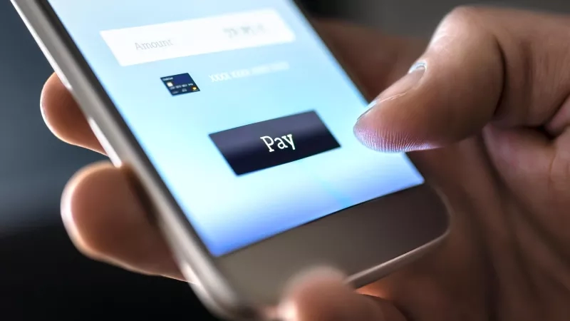 A person's hand holding a cellphone with the word "pay" on the screen, symbolizing contactless payment.