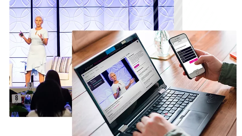 A split image showing a woman on stage and a person using a laptop and mobile phone.