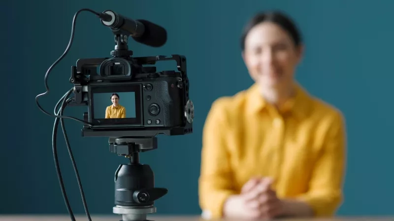 Woman being interviewed for hotel video marketing materials using tripod-mounted camera with microphone and cables.