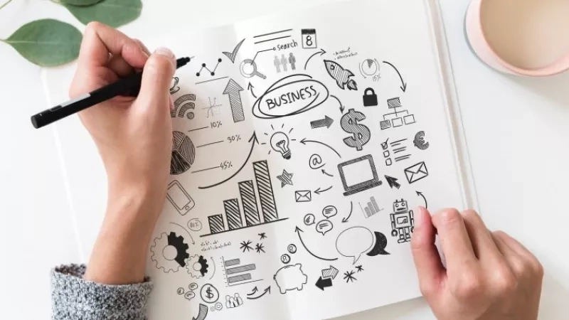A person drawing business-related diagrams on a piece of paper titled "BUSINESS" with a black pen.