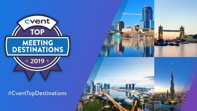 A collage of buildings, architecture, and landscapes with the text "cvent top meeting destinations 2019" on a banner.