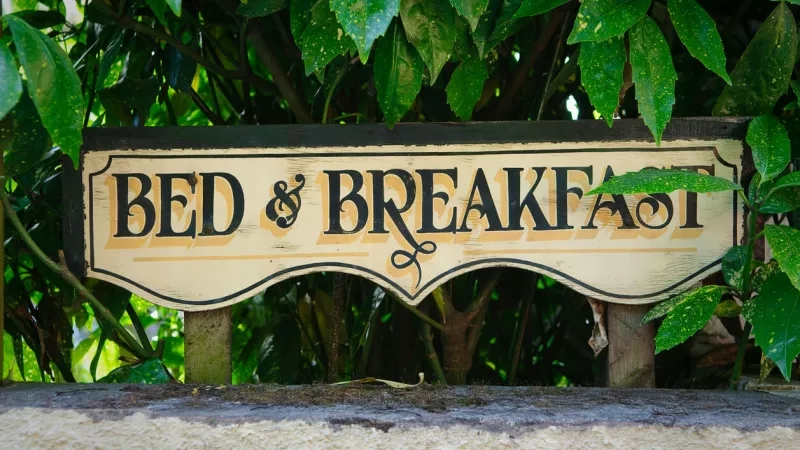 Rustic wooden sign for Bed & Breakfast with lush greenery background in an outdoor setting.