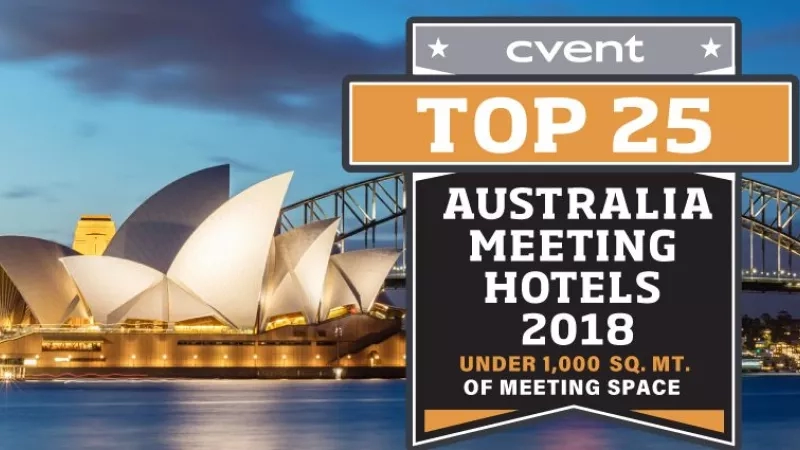 The Sydney Opera House at dusk, with a banner advertising Australia's top 25 meeting hotels for 2018.