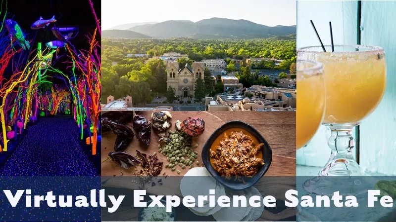 Virtual tour of Santa Fe with a glass of margarita, Mexican food, and the cityscape.