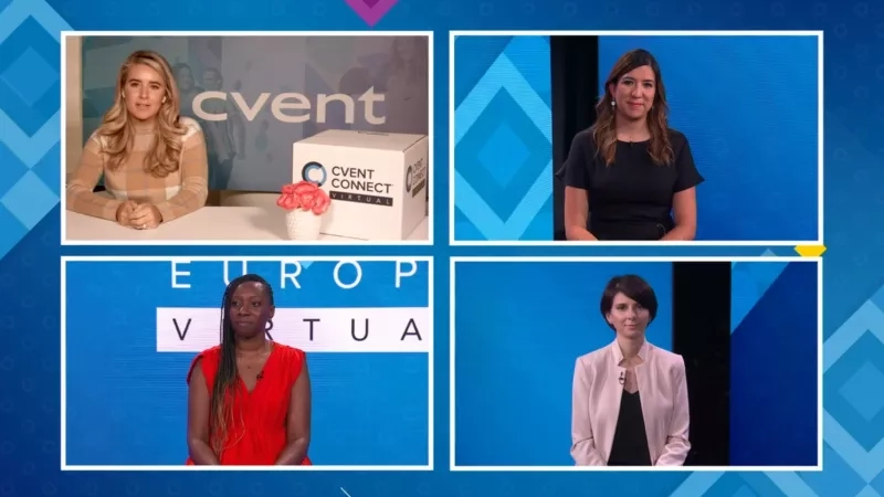 Four speakers from the event connect virtual summit with the text "Europ V tu a"