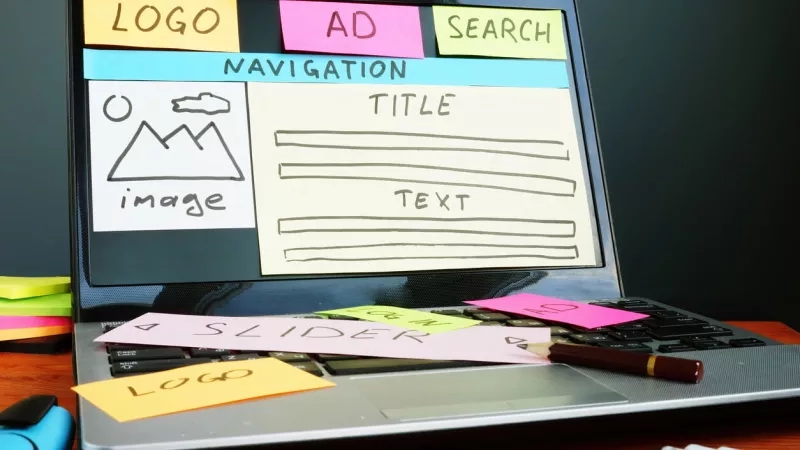 Laptop screen showing a web page layout with sticky notes and a pen on top of keyboard.