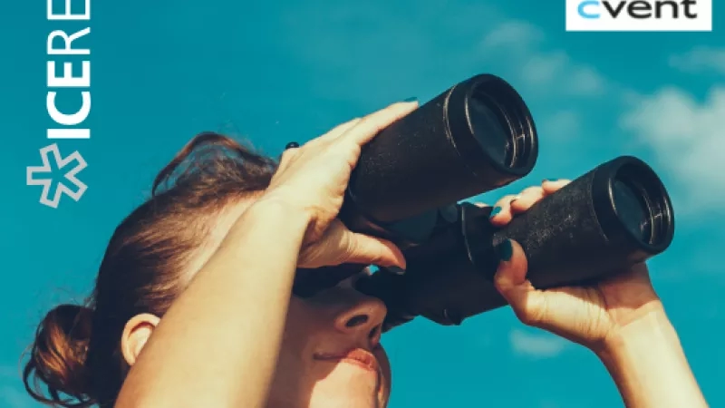 A woman with binoculars and the text "Benchmark Research for Corporate Events" on a blue background.