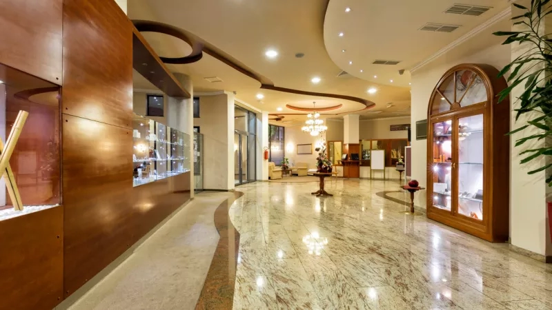 Indoor hall of the Hotel La Meridiana with furniture and decorations for the guests' convenience.