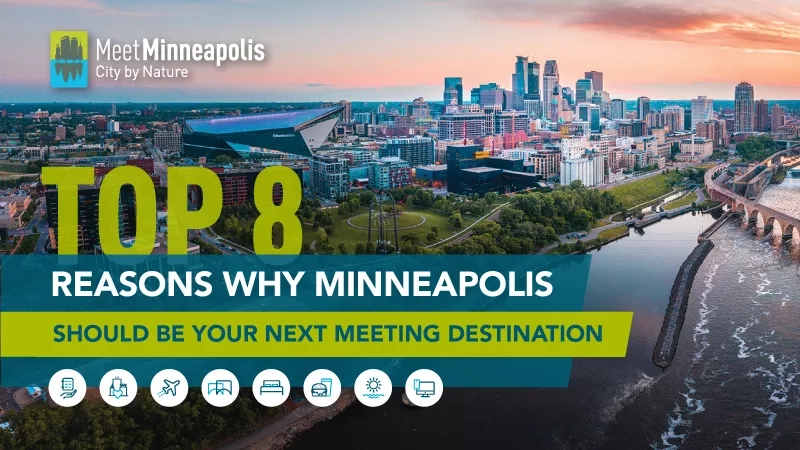 Top 8 reasons why Minneapolis should be your next meeting destination, featuring an aerial view of the city.