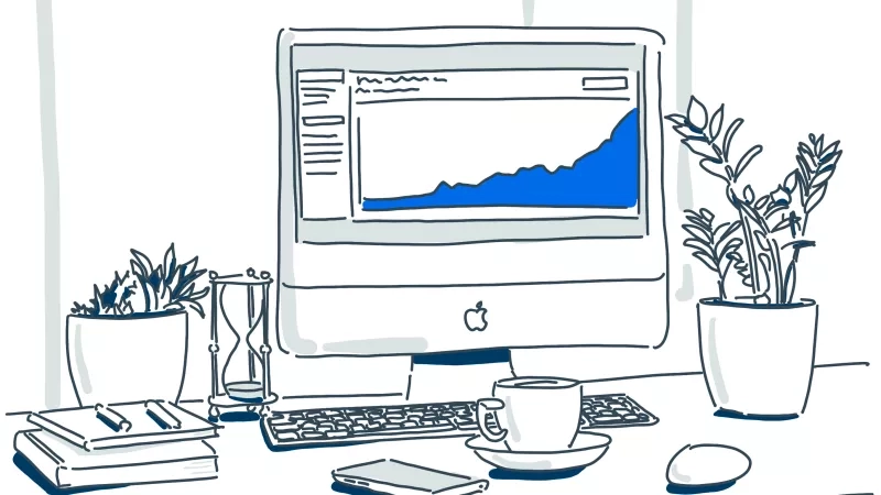Illustration of a computer monitor showing a line graph with an upward trend over time.