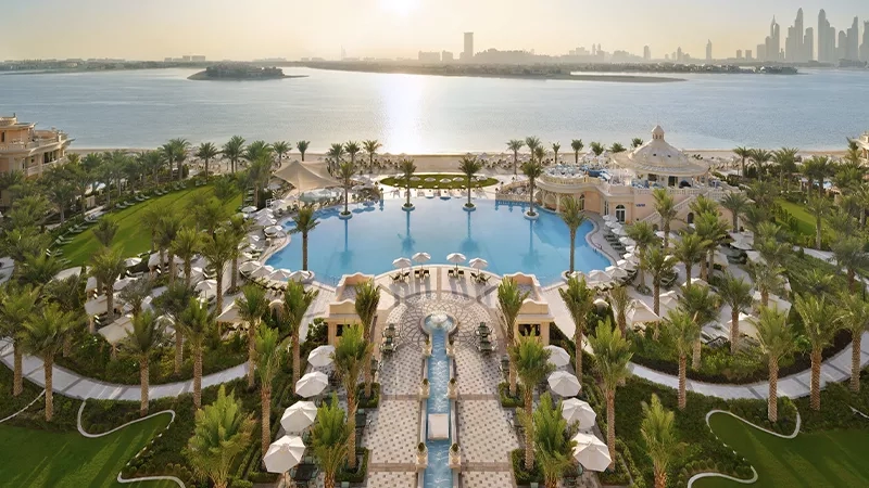 Sunrise over Burj Khalifa from the pool at the Palace Downtown Hotel in Dubai.