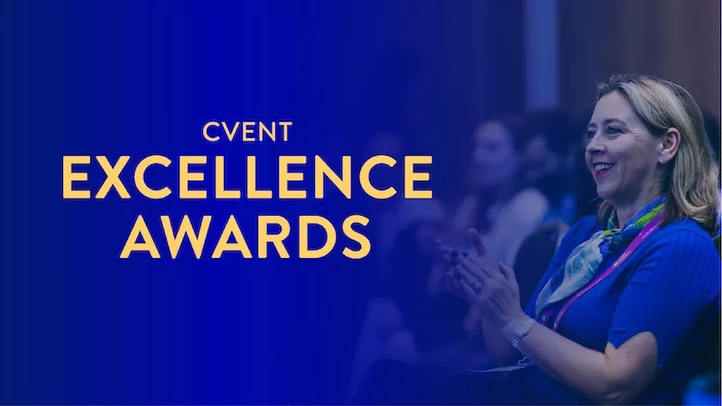 A smiling woman with words "CVENT EXCELLENCE AWARDS" on a blue background.