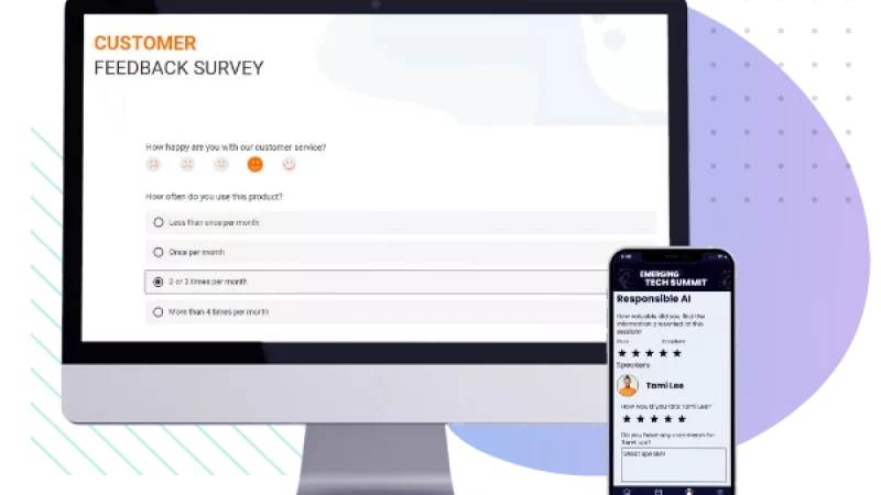 A screen with a customer feedback survey and a smartphone displaying "Responsible AI"